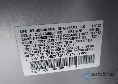 2013 Honda Pilot Ex-L z USA, uszkodzony, nr VIN 5FNYF3H52DB011592